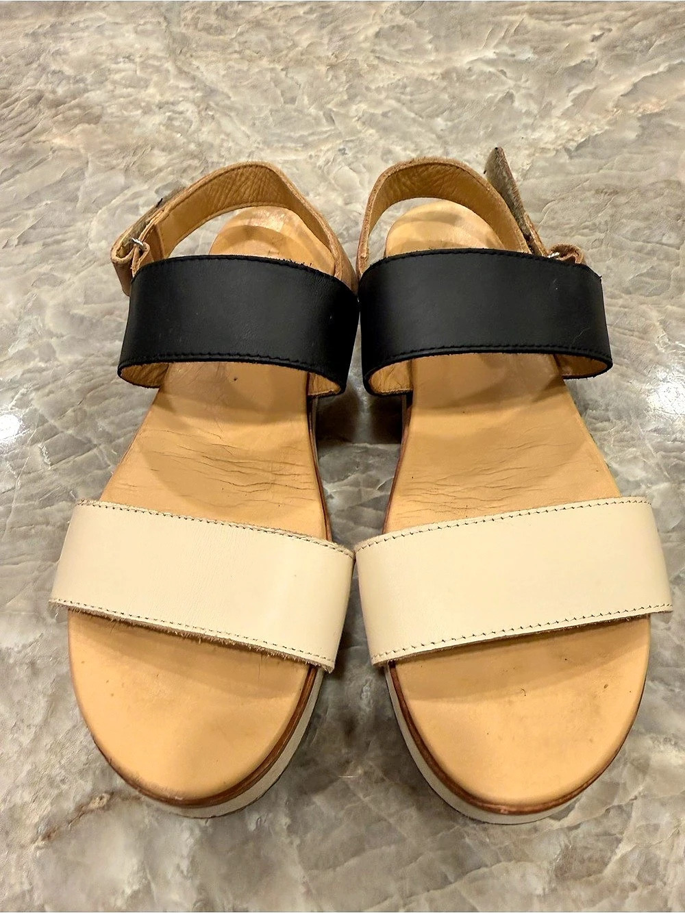 Nisolo Leather Platform Sandals Black Ivory Tan Size 7